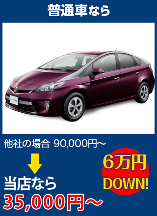 普通車なら、他社の場合90,000円～のところをbuvLABO和歌山自動車ガラス店なら35,000円～　6万円DOWN！